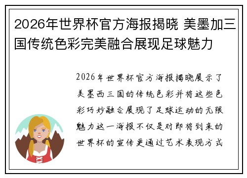 2026年世界杯官方海报揭晓 美墨加三国传统色彩完美融合展现足球魅力